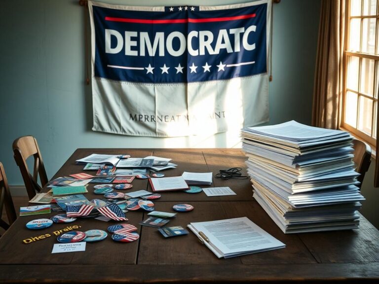 Flick International Weathered wooden table with discarded campaign materials and vibrant proposals, symbolizing political transition and internal conflict in the Democratic Party