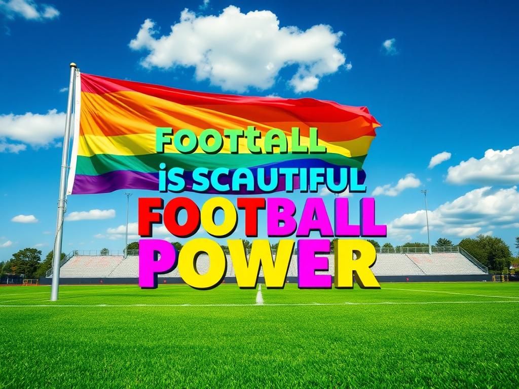 Flick International A vibrant football field scene with a rainbow flag symbolizing Pride Month and colorful text about acceptance in football