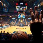 Flick International Indoor basketball arena showcasing the Indiana Pacers with vibrant blue and gold lights during NBA Finals Game 3