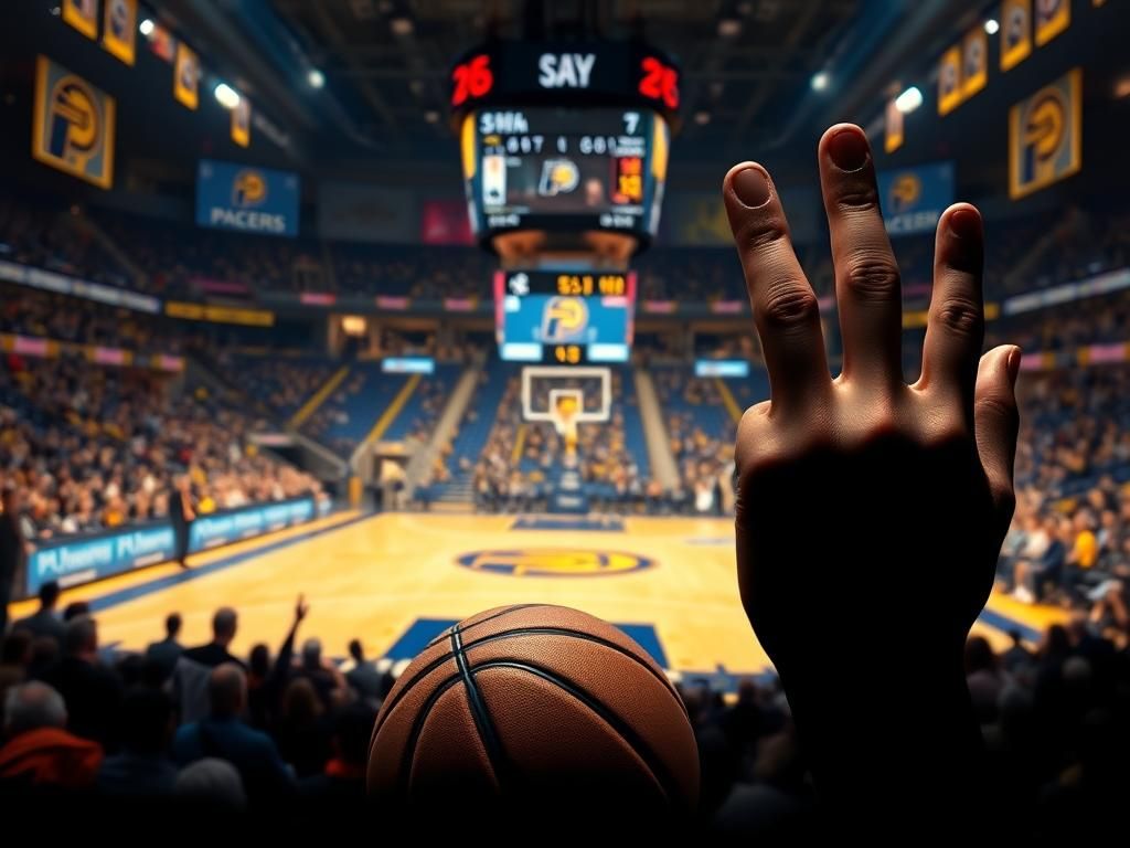 Flick International Indoor basketball arena showcasing the Indiana Pacers with vibrant blue and gold lights during NBA Finals Game 3