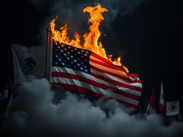 Flick International American flag partially engulfed in flames amidst smoke symbolizing controversy
