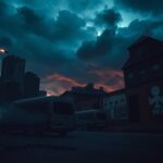 Flick International Dark cityscape at dusk with unmarked vans and ominous shadows