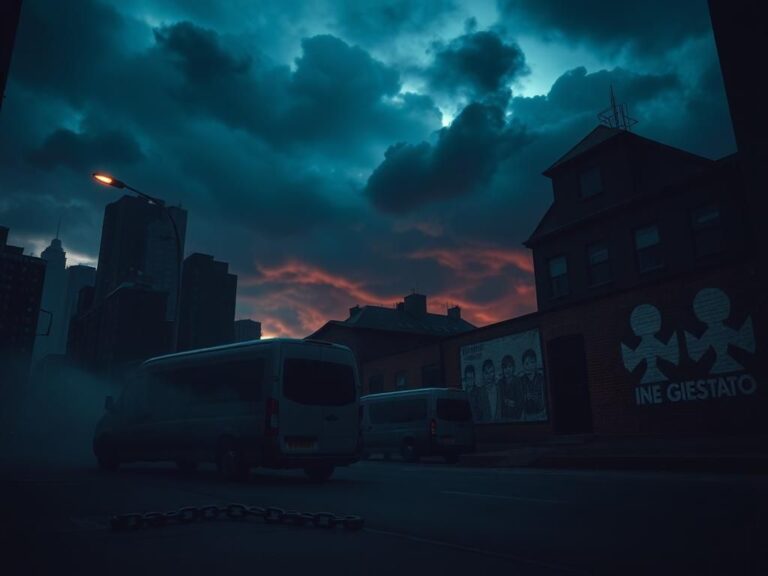 Flick International Dark cityscape at dusk with unmarked vans and ominous shadows