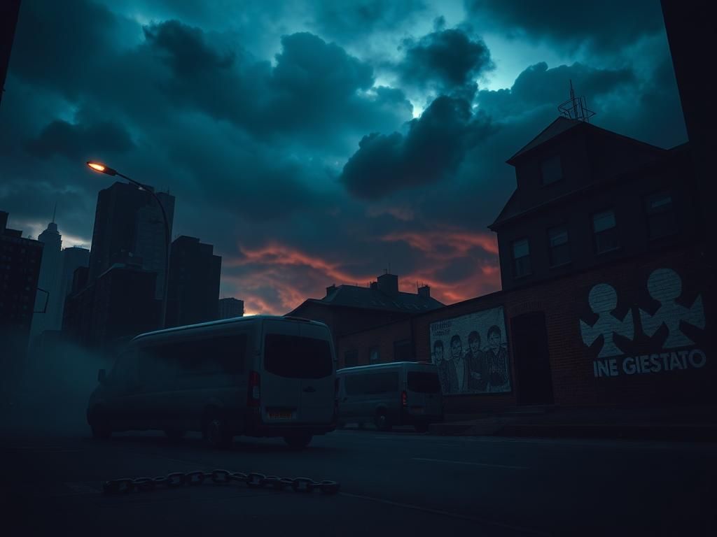 Flick International Dark cityscape at dusk with unmarked vans and ominous shadows