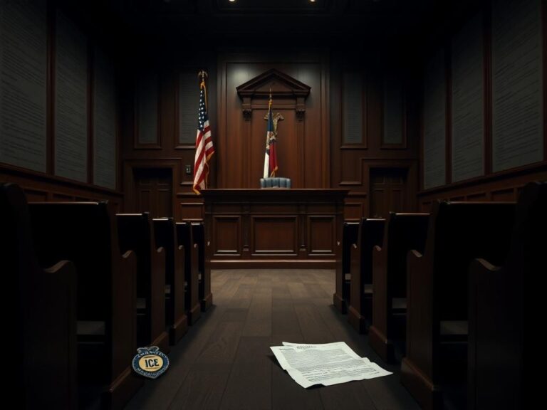 Flick International Empty courtroom in New York highlighting the tension in immigration enforcement