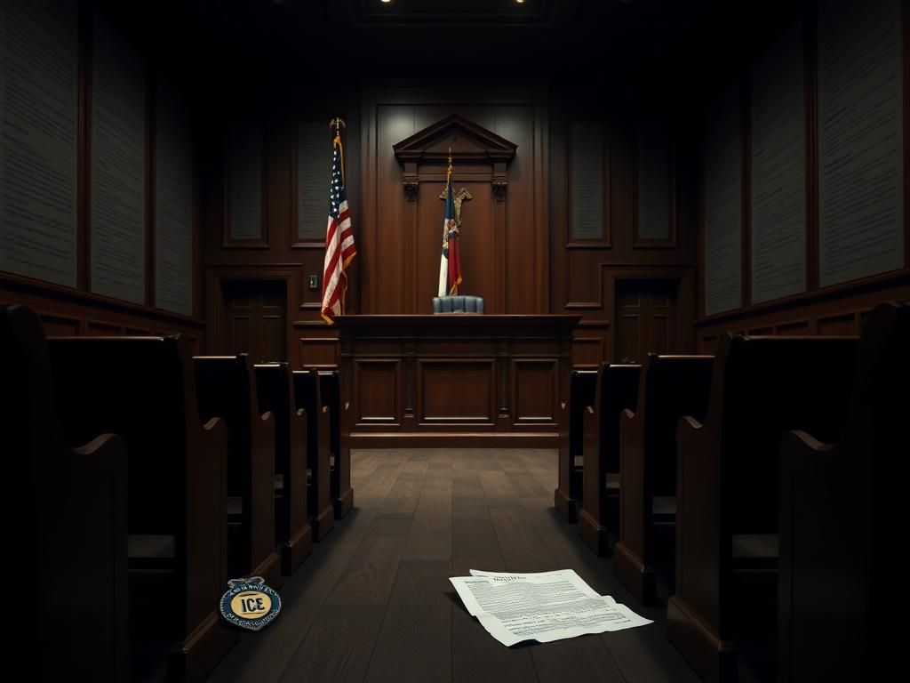 Flick International Empty courtroom in New York highlighting the tension in immigration enforcement