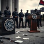 Flick International Empty podium at a government press conference revealing political tensions