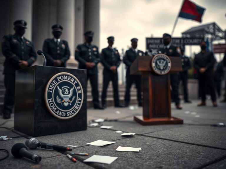 Flick International Empty podium at a government press conference revealing political tensions