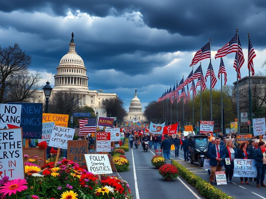 Flick International Vibrant street scene in Washington, D.C. featuring protest signs and iconic landmarks.
