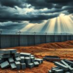 Flick International Vast border wall with barbed wire and security cameras in a rugged landscape