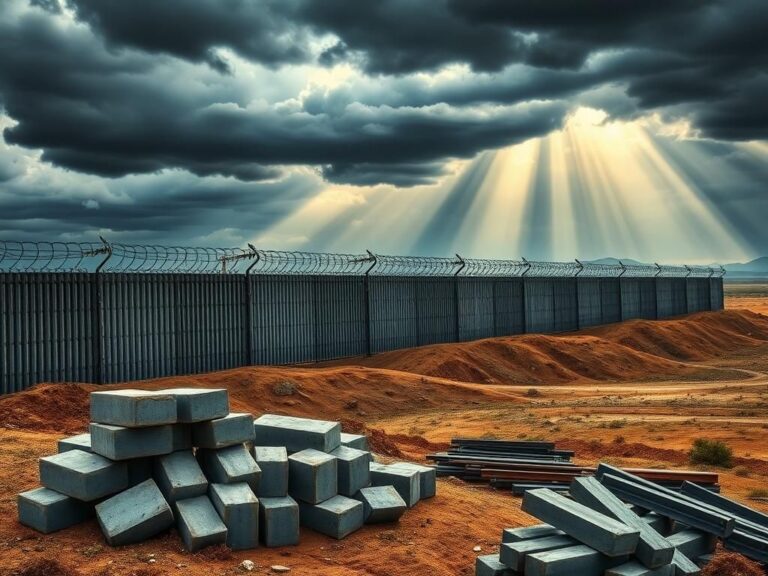 Flick International Vast border wall with barbed wire and security cameras in a rugged landscape