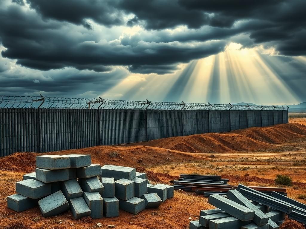 Flick International Vast border wall with barbed wire and security cameras in a rugged landscape