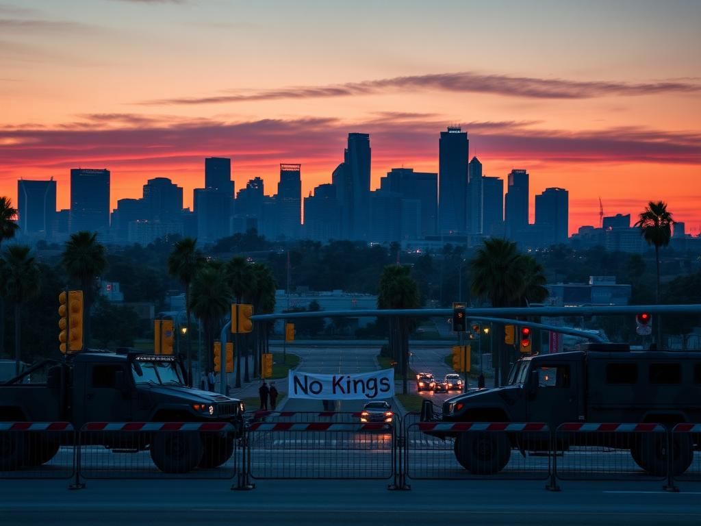 Flick International Panoramic cityscape of Los Angeles at dusk with military vehicles and protest signs