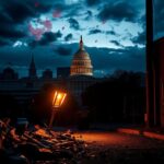 Flick International Dramatic urban landscape at dusk with city skyline and a government building symbolizing Capitol Hill