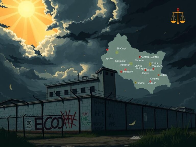 Flick International A digitally illustrated scene depicting a dramatic landscape symbolizing political tensions and human rights issues in El Salvador.