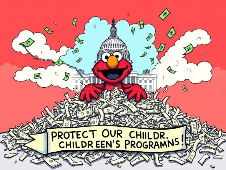 Flick International A colorful illustration of a plush Elmo doll atop shredded documents about Federal Spending Cuts.