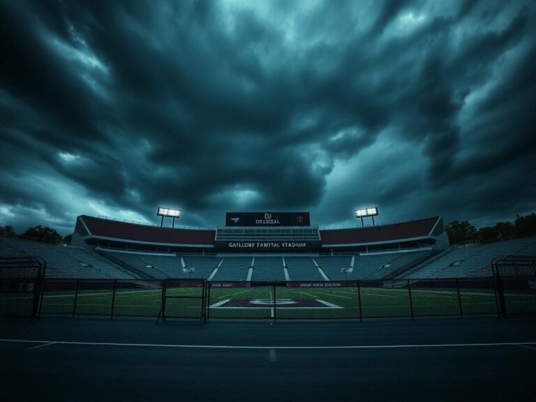 Flick International Dark, foreboding landscape of an empty college football stadium under stormy skies
