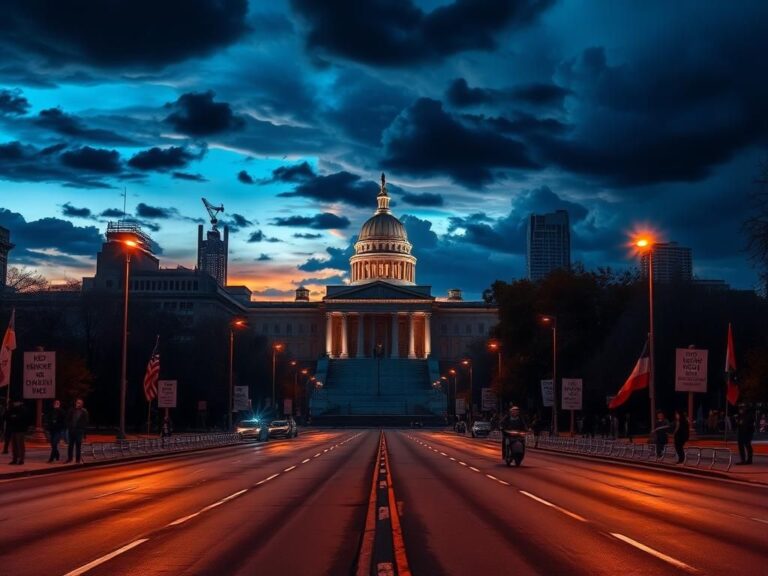 Flick International Dynamic twilight cityscape with empty streets and a government building symbolizing protest