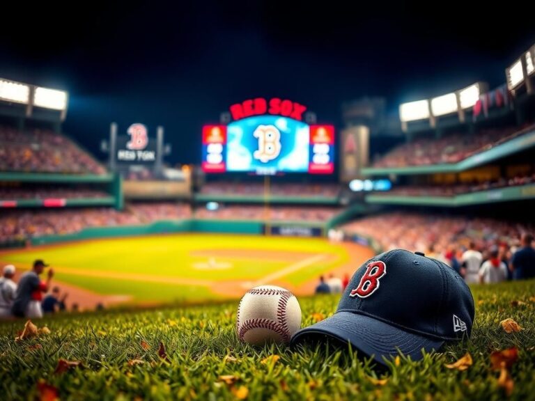 Flick International A close-up of a baseball on green grass near a Red Sox cap and glove at Fenway Park during night game.