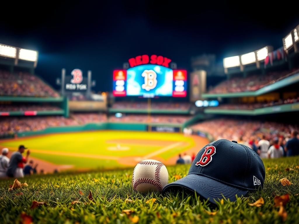 Flick International A close-up of a baseball on green grass near a Red Sox cap and glove at Fenway Park during night game.