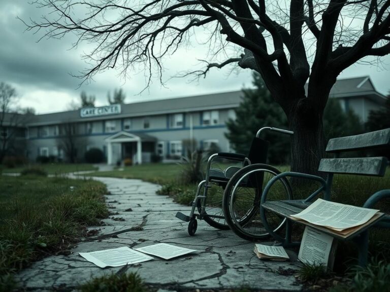 Flick International A somber nursing home garden with an abandoned wheelchair, symbolizing neglect and loss