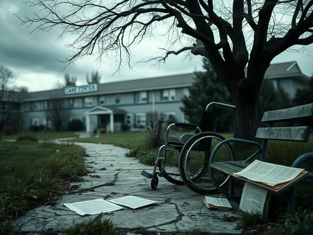 Flick International A somber nursing home garden with an abandoned wheelchair, symbolizing neglect and loss