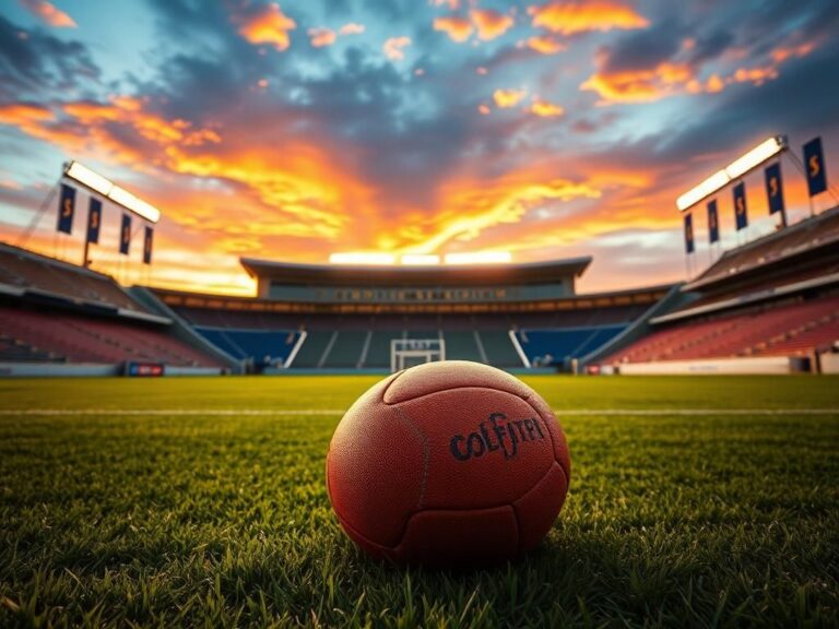 Flick International A vibrant sunset over SoFi Stadium with a football resting on the turf