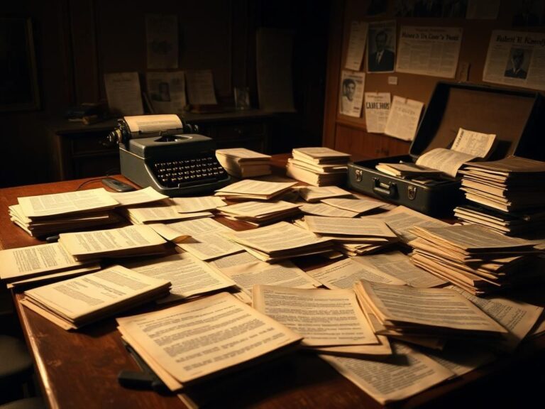 Flick International Dimly lit room with documents related to Robert F. Kennedy's assassination