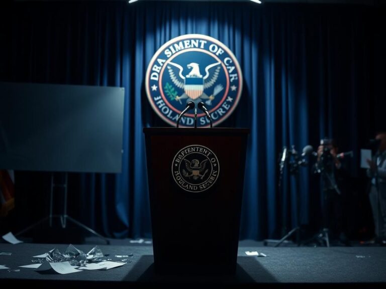 Flick International A tense press conference scene with dramatic lighting and Department of Homeland Security emblem.