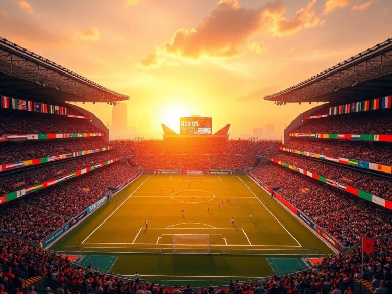 Flick International A vibrant soccer stadium scene with colorful banners and flags, showcasing the excitement for the upcoming World Cup.
