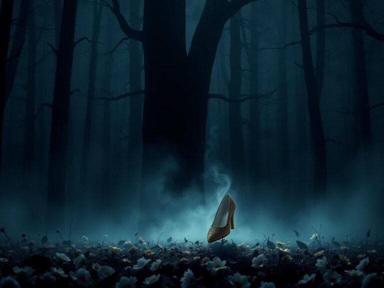 Flick International A dark, misty forest with a tarnished glass slipper among wilted flowers, symbolizing themes of disappointment in 'Snow White'.