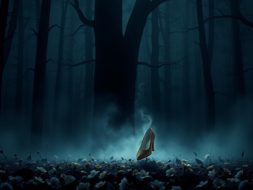 Flick International A dark, misty forest with a tarnished glass slipper among wilted flowers, symbolizing themes of disappointment in 'Snow White'.