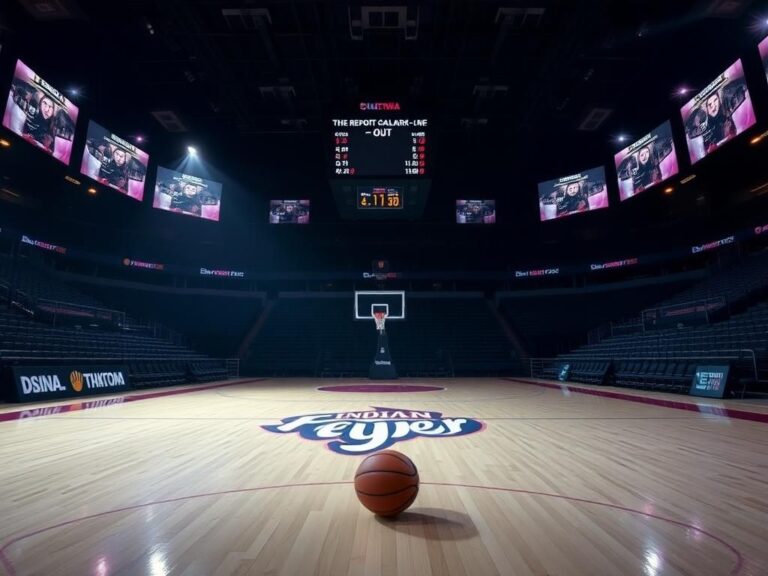 Flick International A dramatic empty basketball court with an Indiana Fever logo at center court, symbolizing the absence of Caitlin Clark due to injury