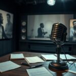 Flick International Dimly lit television studio with an old-school microphone and vintage interview notes