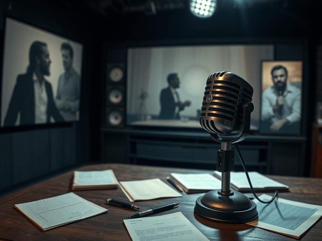 Flick International Dimly lit television studio with an old-school microphone and vintage interview notes