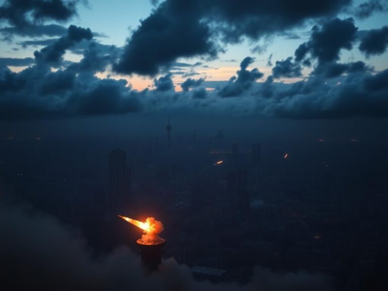 Flick International A high-altitude view of Tehran's skyline under dark clouds with explosions illuminating the sky.