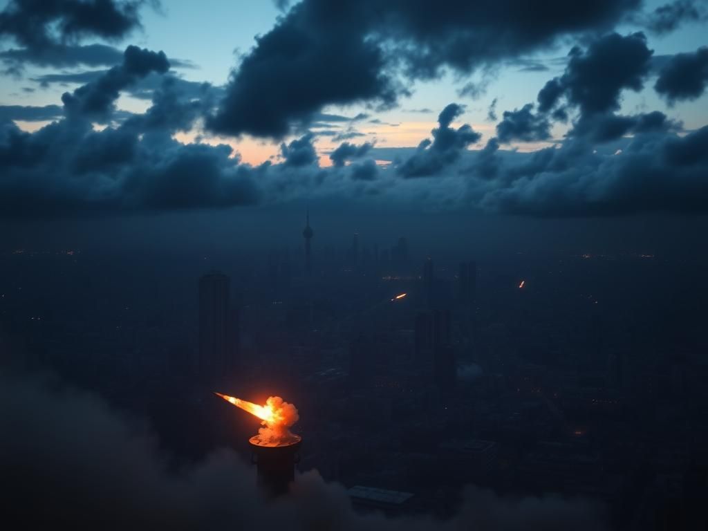 Flick International A high-altitude view of Tehran's skyline under dark clouds with explosions illuminating the sky.