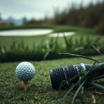 Flick International Close-up view of a golf tee and ball with fragments of a fallen microphone on the green
