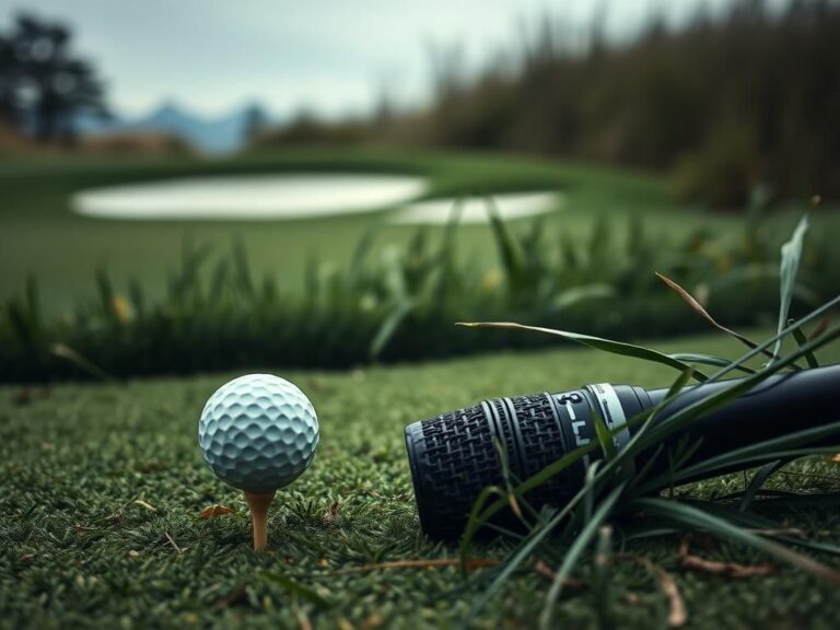 Flick International Close-up view of a golf tee and ball with fragments of a fallen microphone on the green