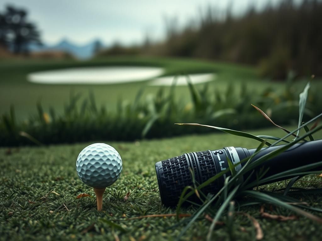 Flick International Close-up view of a golf tee and ball with fragments of a fallen microphone on the green