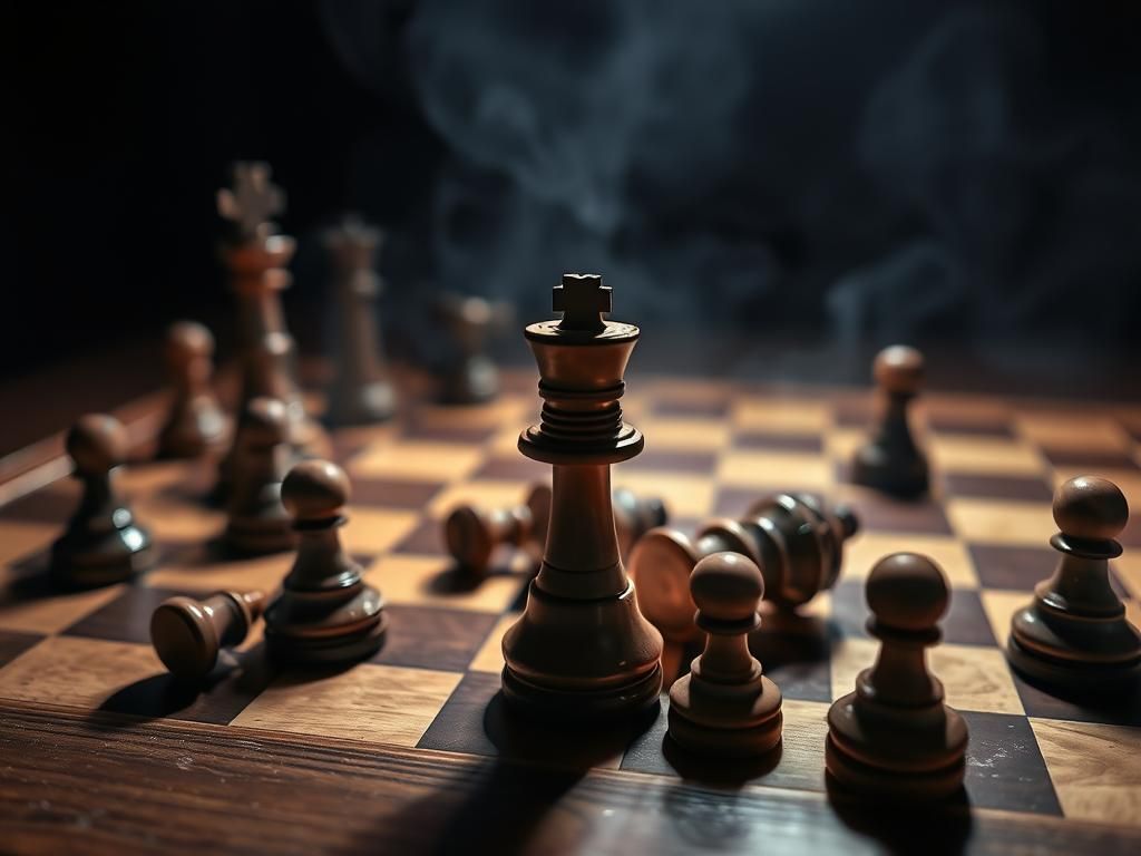 Flick International Close-up of a disarrayed wooden chessboard with a toppled king piece, symbolizing defeat in chess.