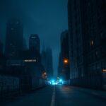 Flick International Dark cityscape of New York City at night with mist, symbolizing unrest and civic struggle during 2020 protests