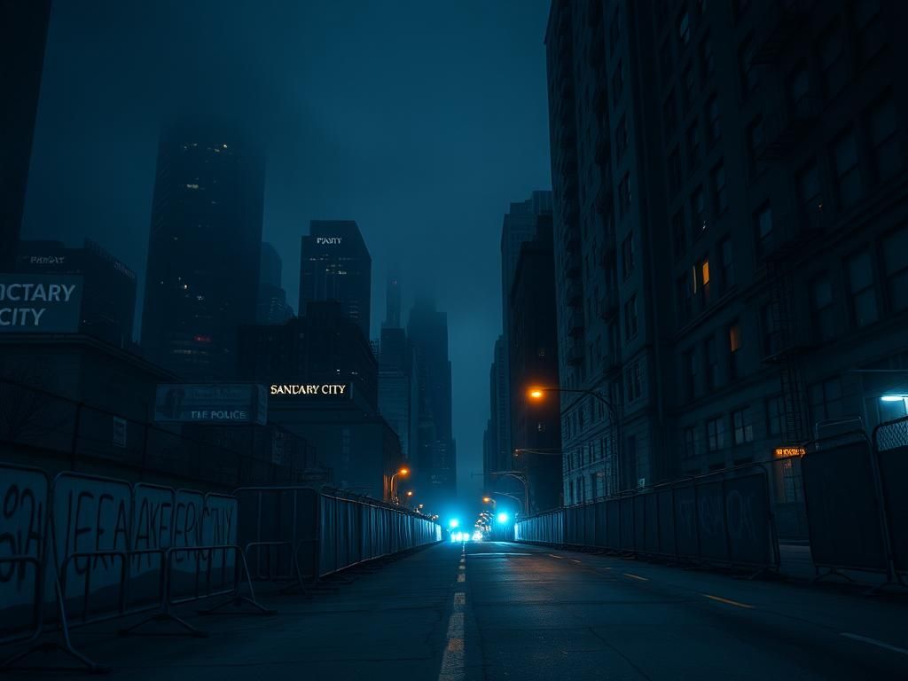 Flick International Dark cityscape of New York City at night with mist, symbolizing unrest and civic struggle during 2020 protests