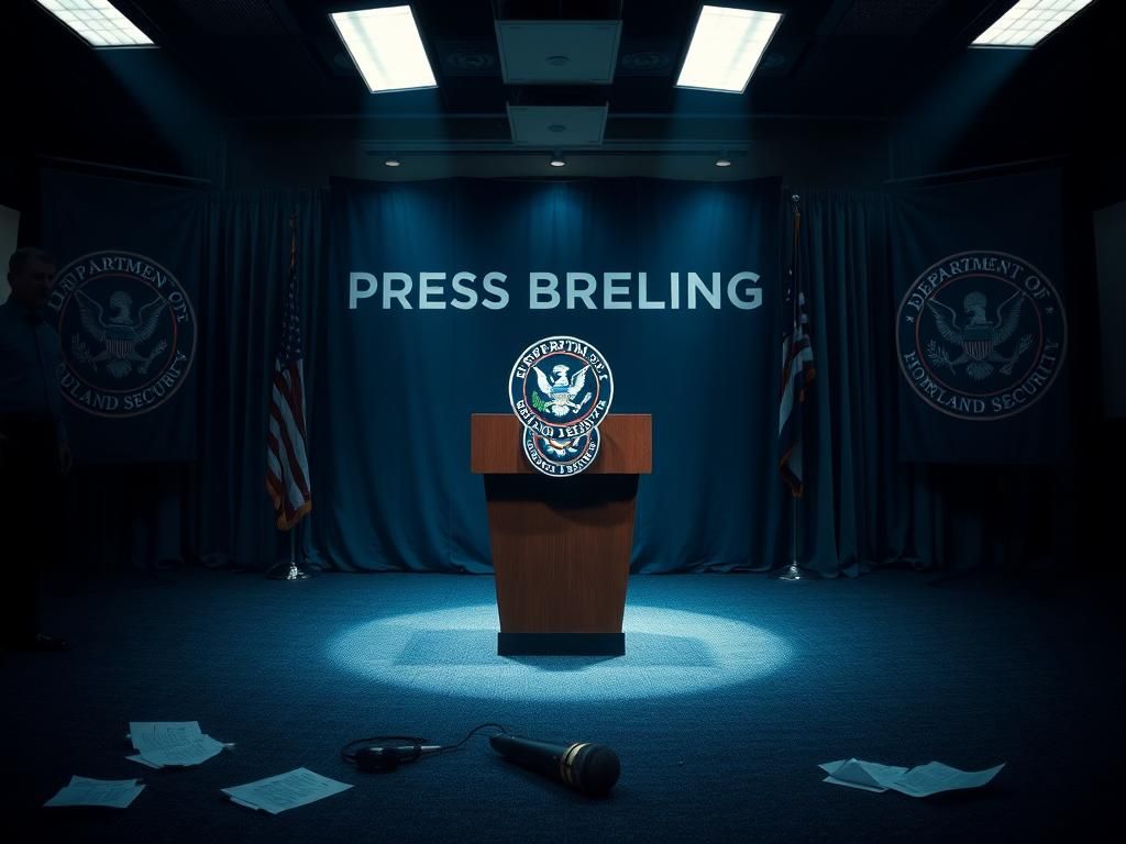 Flick International Empty press conference room with DHS podium and scattered papers