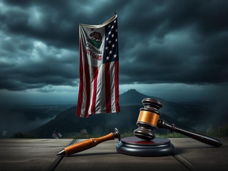 Flick International A powerful depiction of the California National Guard emblem with an American flag against a stormy sky