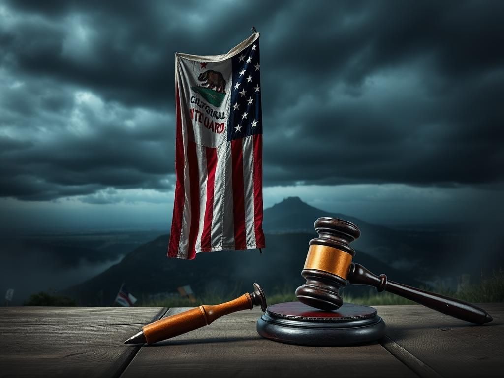 Flick International A powerful depiction of the California National Guard emblem with an American flag against a stormy sky