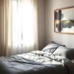 Flick International Serene bedroom with gray and blue bedding, symbolizing calmness and introspection