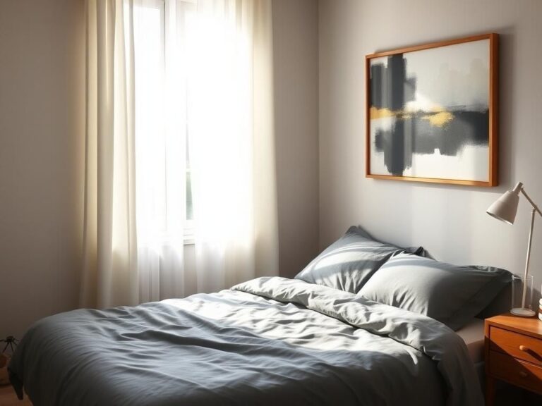 Flick International Serene bedroom with gray and blue bedding, symbolizing calmness and introspection