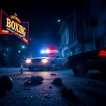 Flick International Dramatic nighttime scene outside a boxing venue with police presence