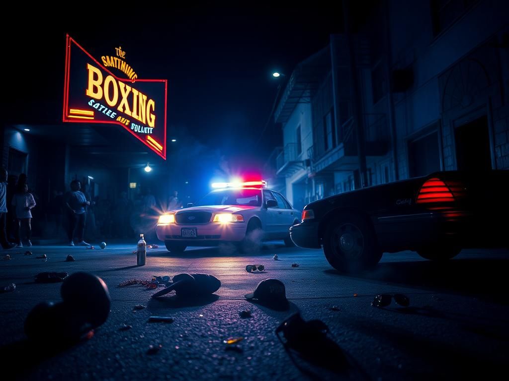 Flick International Dramatic nighttime scene outside a boxing venue with police presence